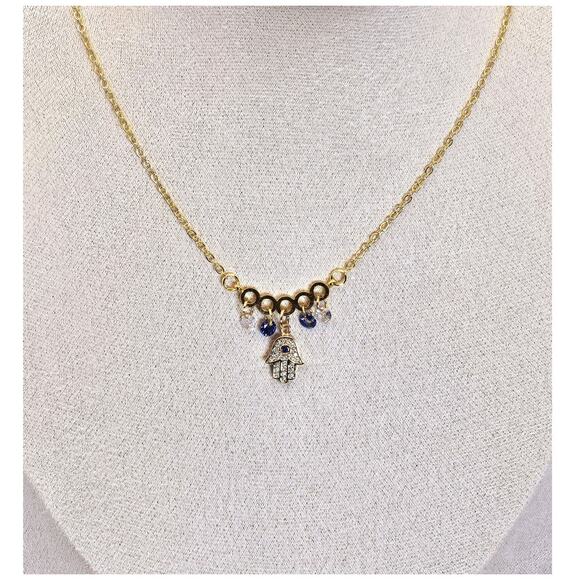 Dainty CZ Hamsa Necklace Pendant Crystals Unique Gold-Plated Adjustable Chain - Picture 6 of 6